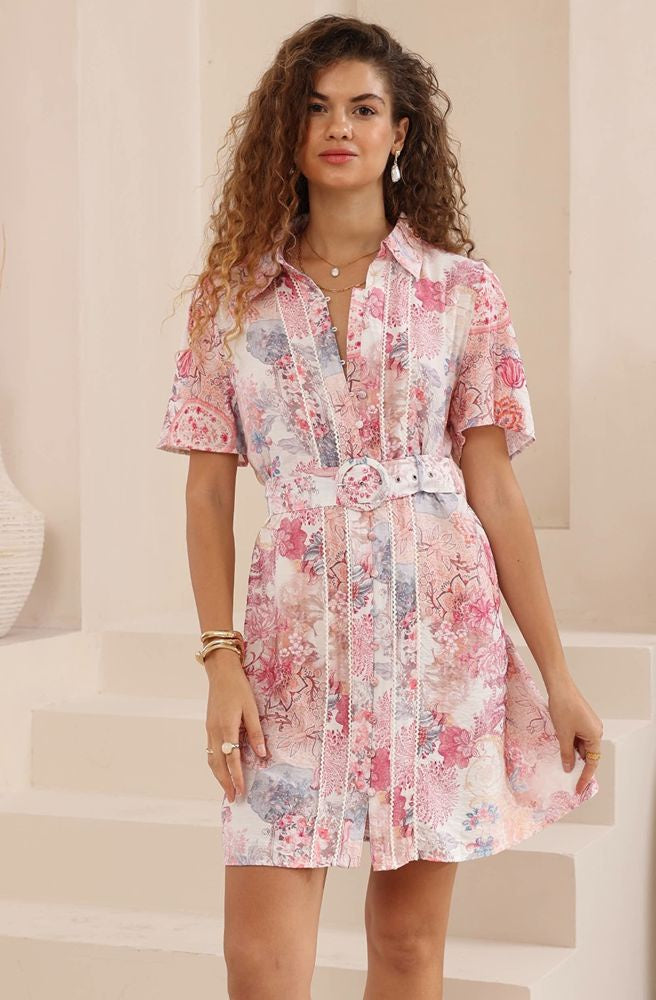 Rosabella Short Dress, Boho Floral Print Women’s Mini Dress