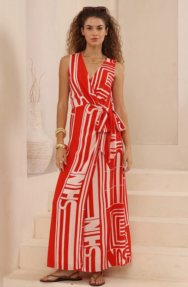 Ruby Horizon Maxi Dress, Flowing Red Bandeau Dress