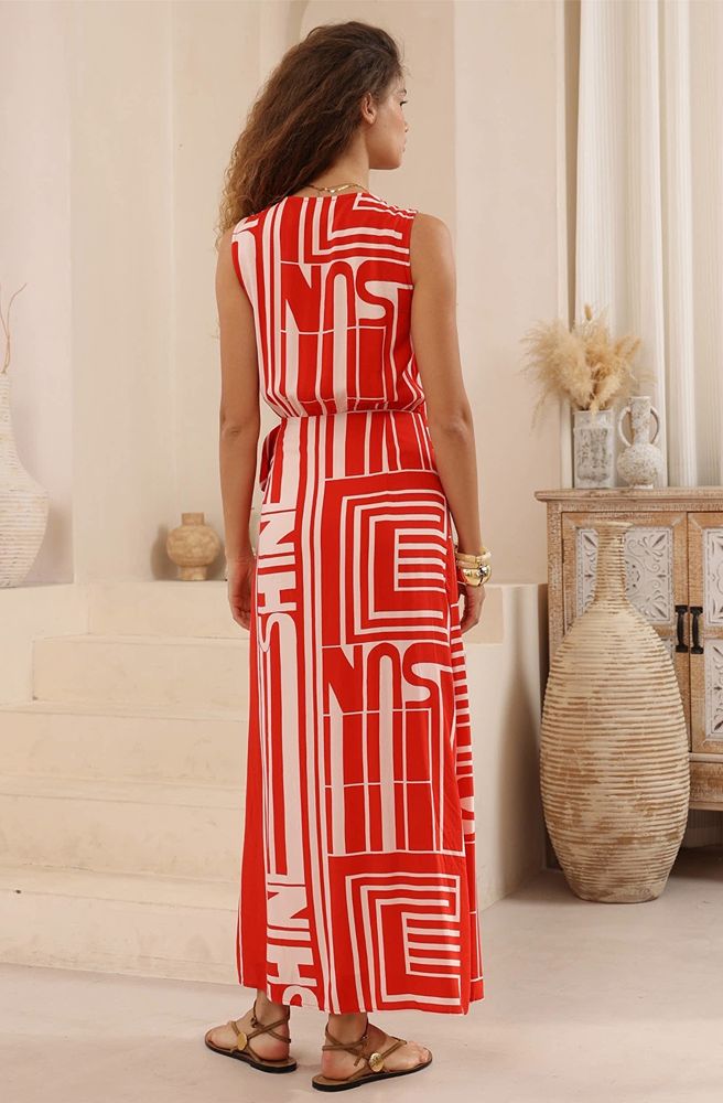 Ruby Horizon Maxi Dress, Bold Red Maxi Dress with Cut-Out Lace Panels
