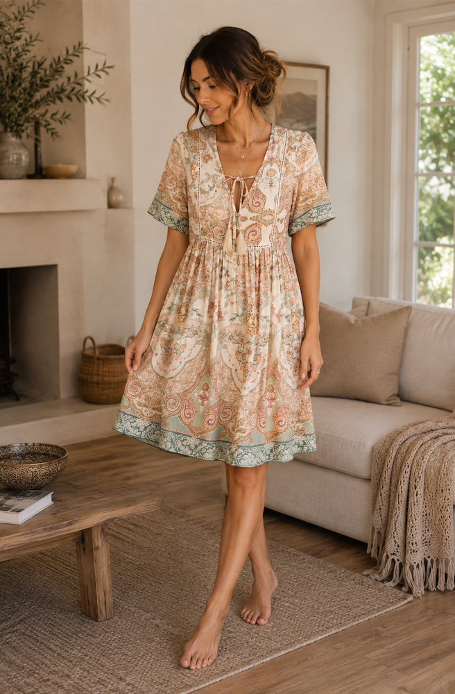 Sage Paisley Mini Dress