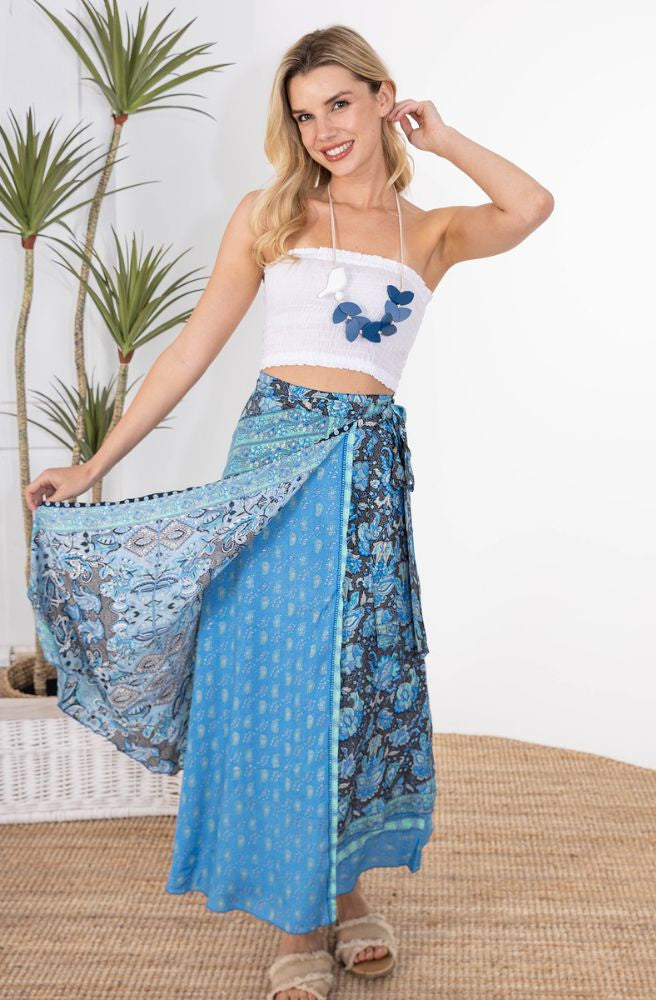 Sari Wrap Skirt Blue, Women's Reversible Boho Style Skirt