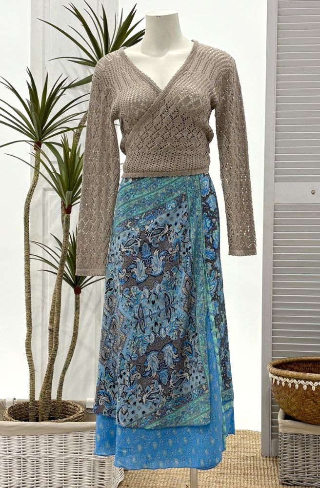 Sari Wrap Skirt Blue, Front View Two Layers Silk Blend