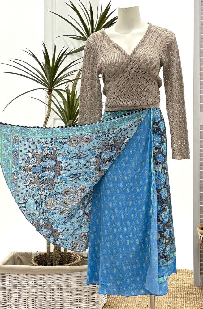 Sari Wrap Skirt Blue, Two Prints Indian and Batik Designs