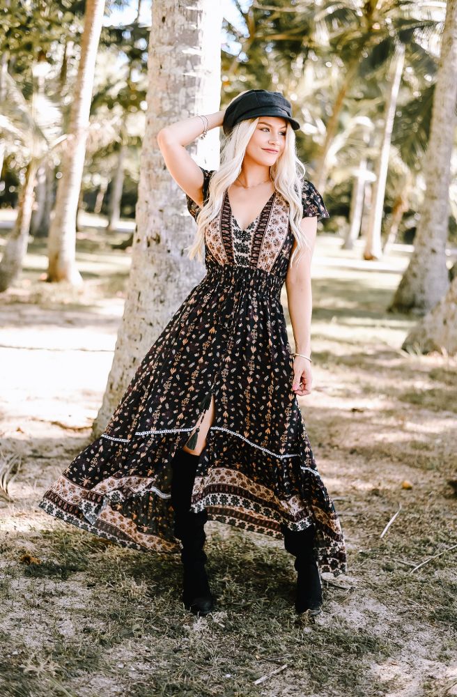 Savannah Nafisa Closed Back Maxi Dress, Women's Bohemian Style Maxi Dress with Hi Low Hem 