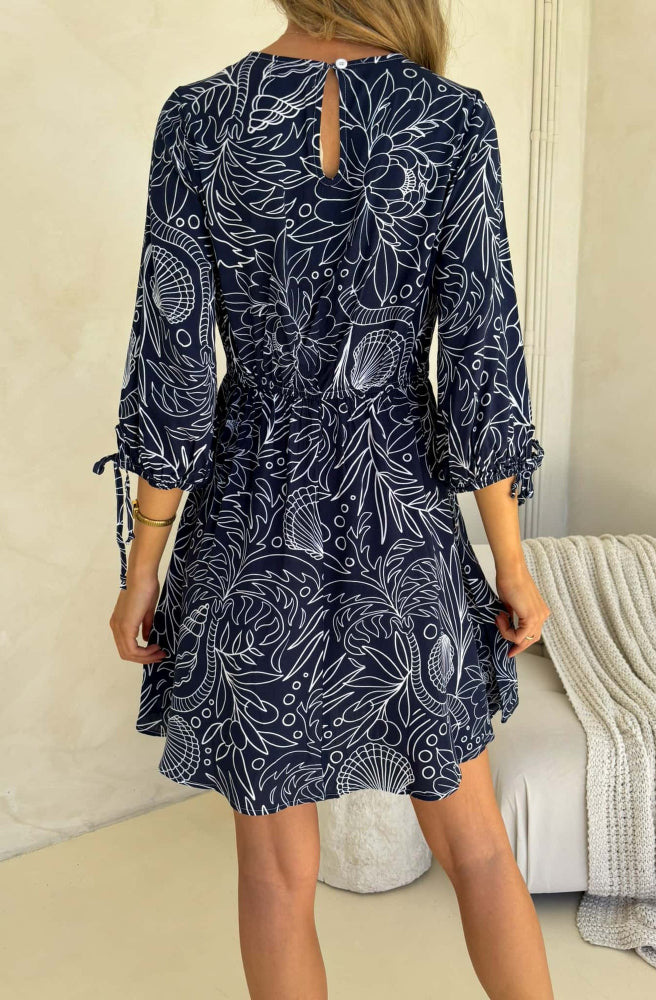 Sea Vine Print Kesia Mini Dress, Rear View, Back neck keyhole with button for easy wear 