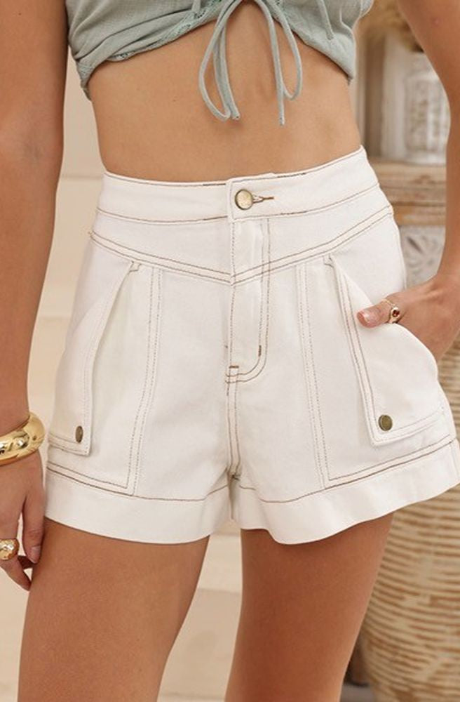 Seabreeze Denim White, High-Waisted Women’s Shorts with Pleated Front