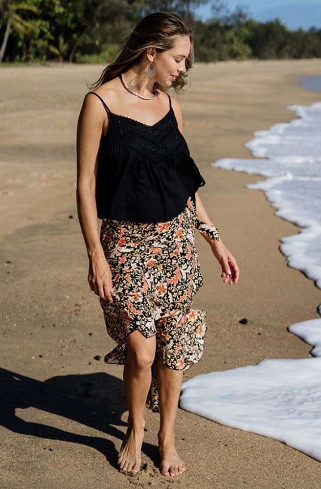 Seraphina Wrap Skirt, Flowy Summer Skirt Warm Tones and Bold Floral Print