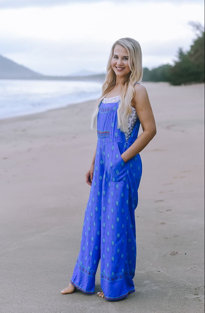 Sky Fern Transit Overalls Exclusive vibrant blue print pantsuit