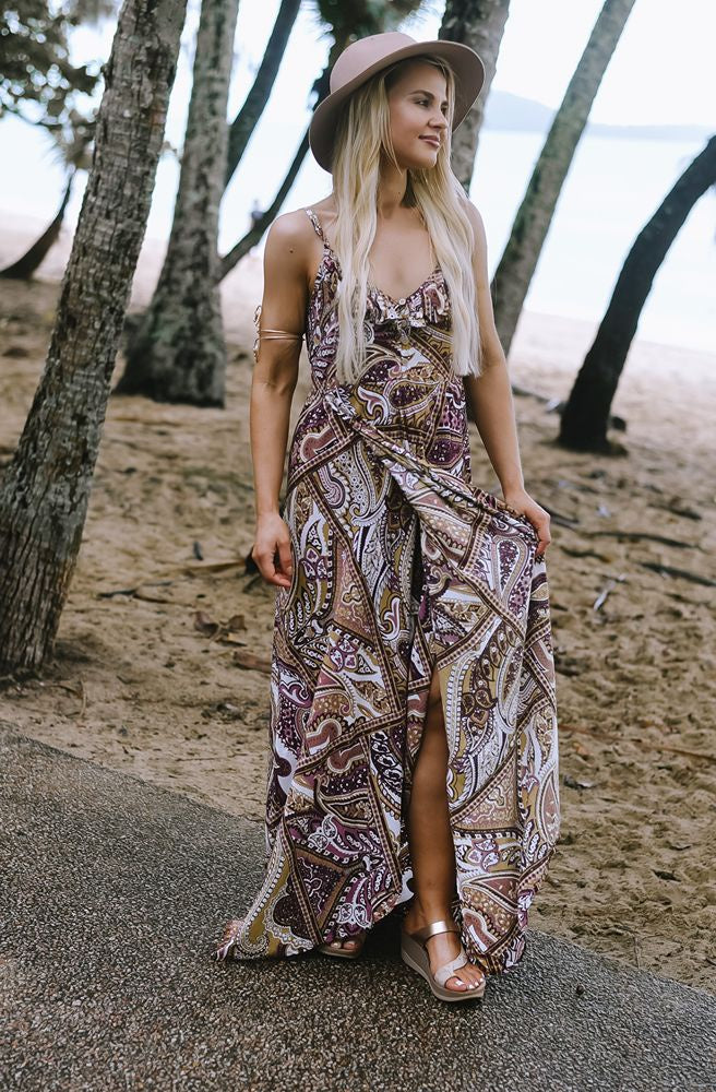 Sugar Plum Retro Dress, Vintage-Inspired Boho Midi in Plum Floral Print