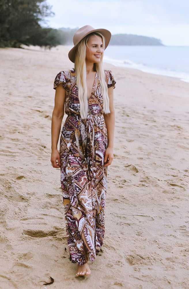 Sugar Plum Embrace Pantsuit, Boho Floral Print Women’s Jumpsuit