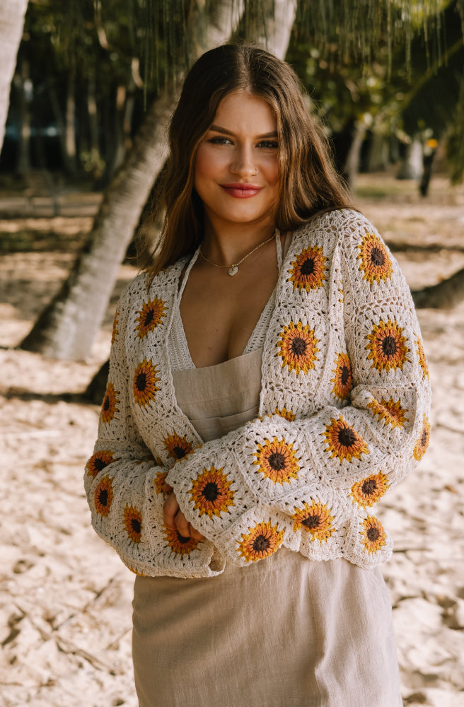 Sunflower Jacket, Handmade Vintage Crochet Design Cropped style