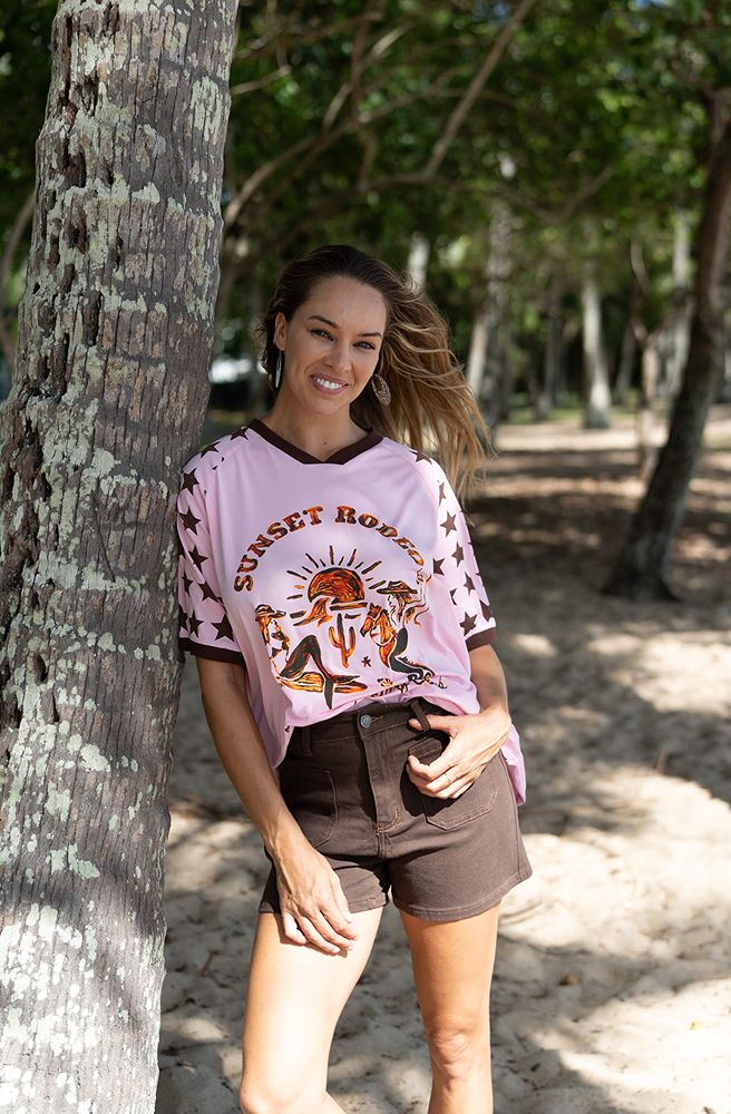 Sunset Mermaid Surf Club Tee, Soft Cotton Casual Tee in Light Pink