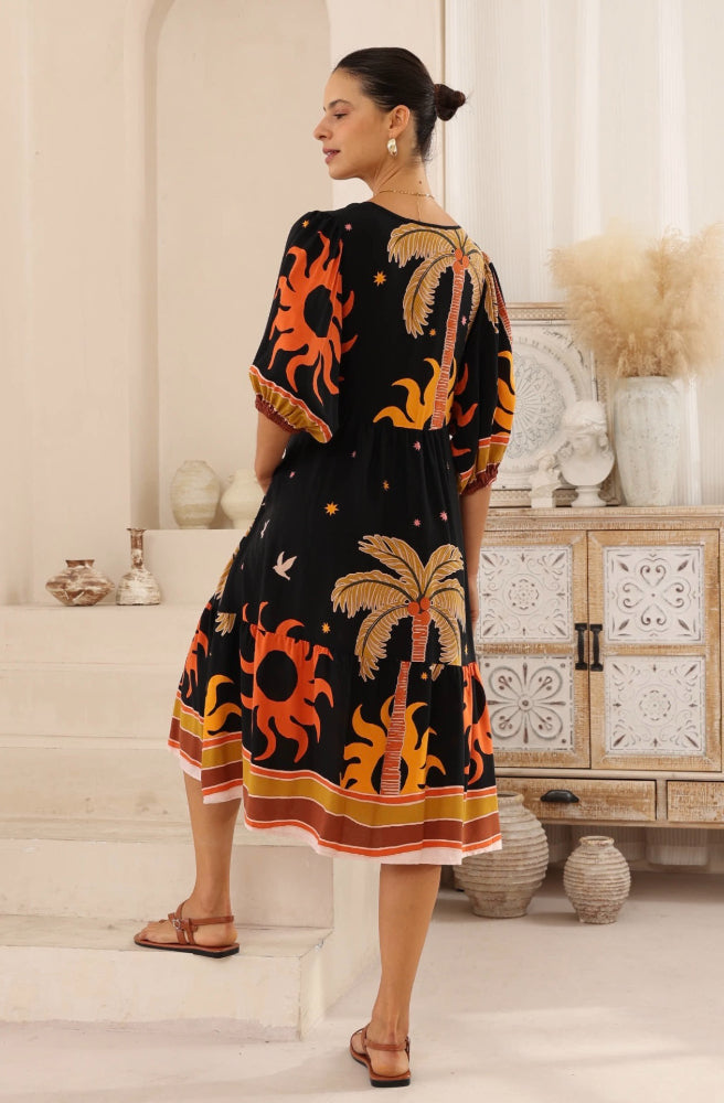 Sunspell Midi Dress, Rear View, Black Night Sky Sun and Palm Print