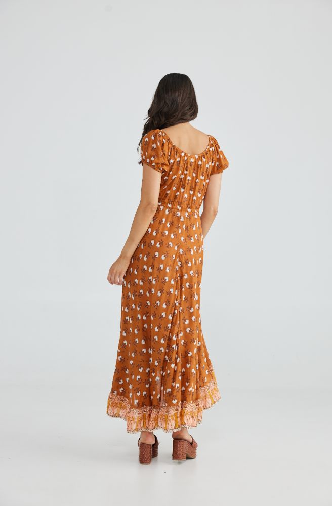 womens boho clothing australia summer midi dress rust coloured print
