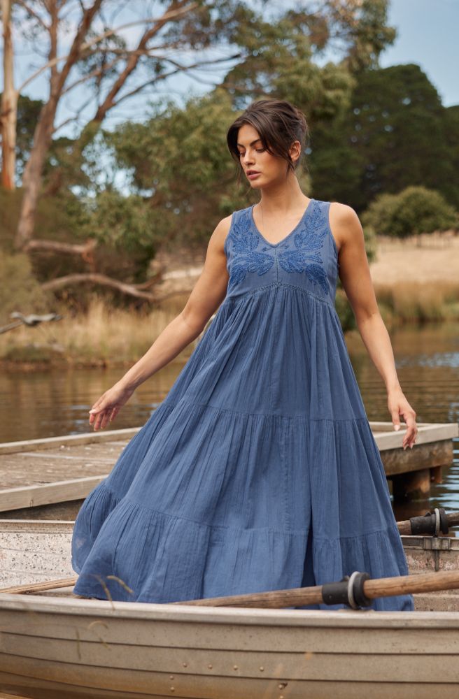 womens boho maxi dresses online blue colour embroidered tiered skirt