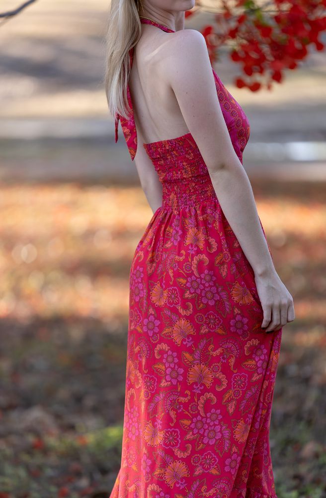 plus size boho retro maxi floral print red pink orange maxi dress halter