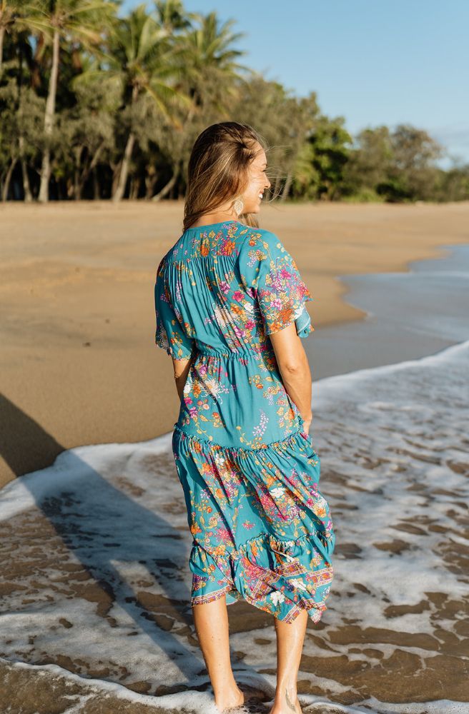 Teal Enchanted Forest Nicki Midi Dress, Rear View