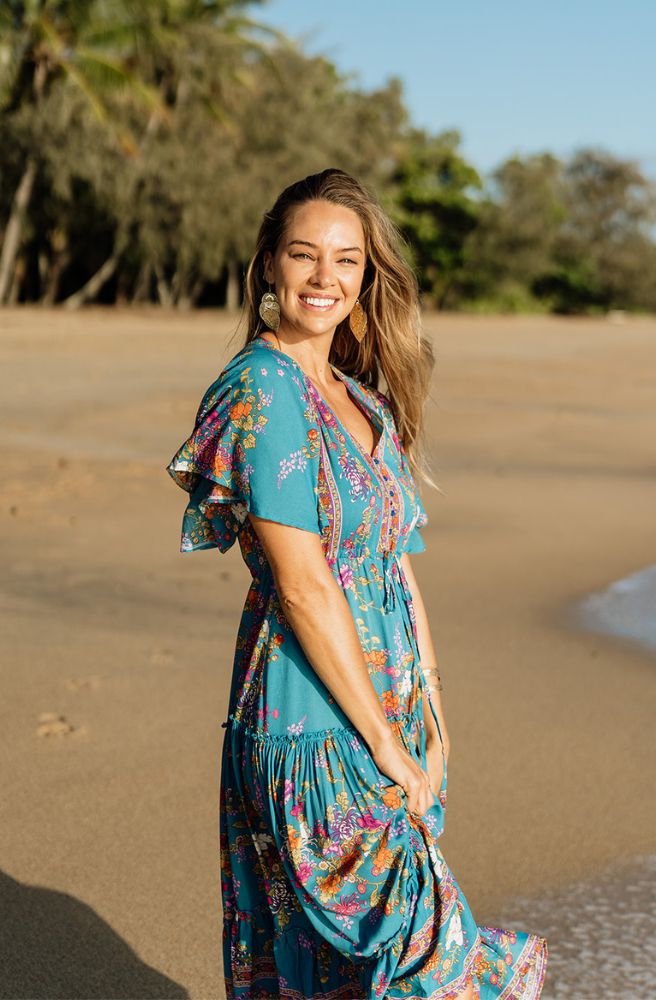 Teal Enchanted Forest Nicki Midi Dress, Flared Wide Sleeve