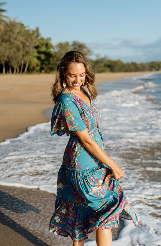 Teal Enchanted Forest Nicki Midi Dress, Boho Style Midi Length