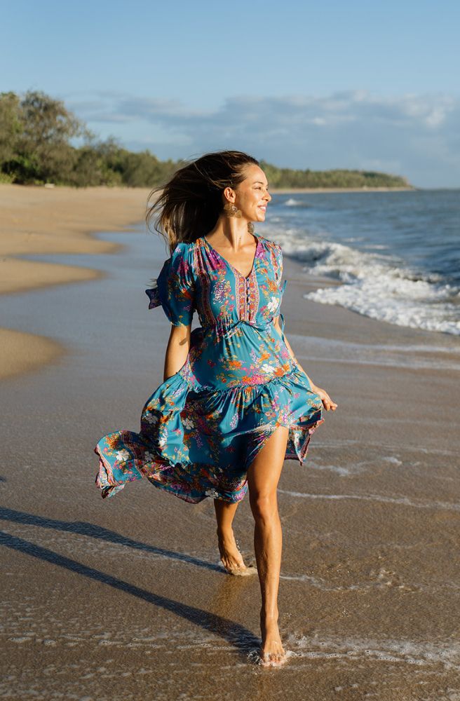 Teal Enchanted Forest Nicki Midi Dress, Teal Base Print with Colourful Florals