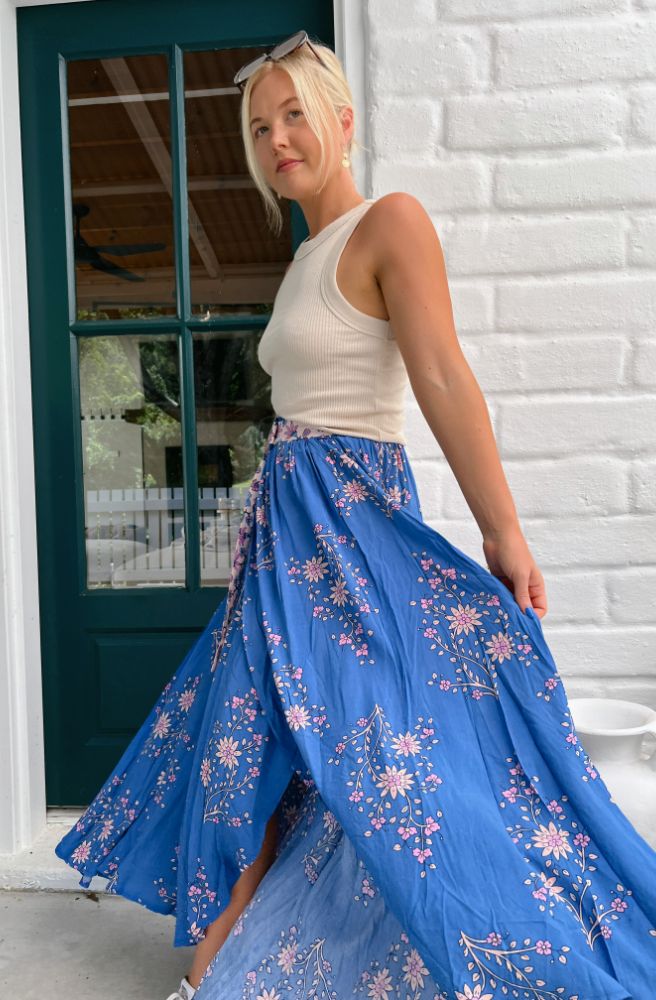 Boho Maxi Wrap Skirt, Blue Pink Floral Print