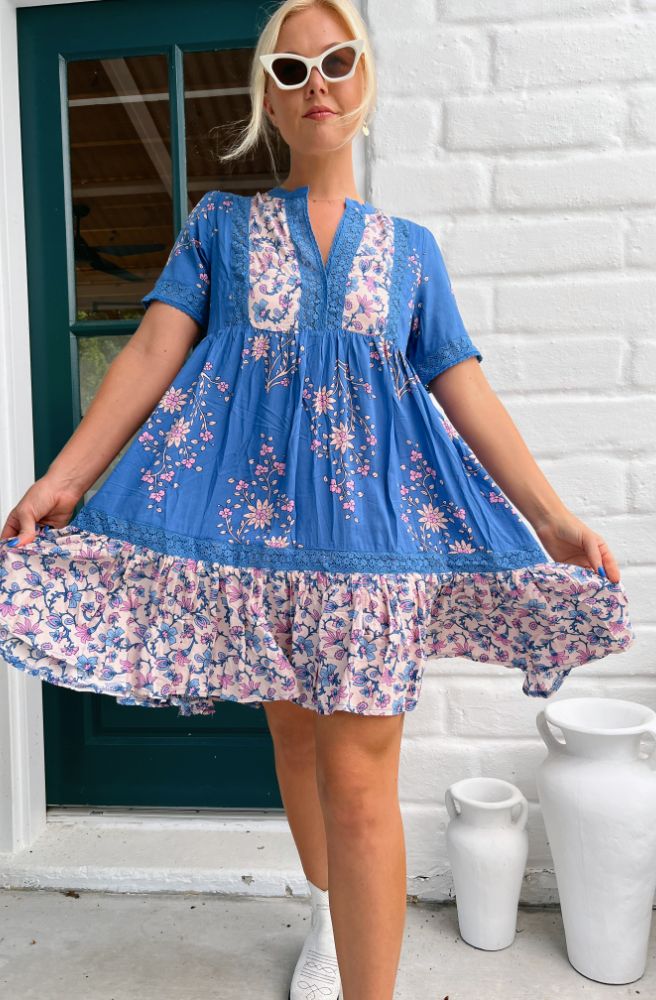 Boho Style Summer Mini Dress, Pink Blue Floral Print