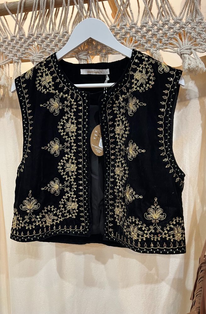 Istanbul Embroidered Velvet Vest, Bohemian Style, Gold Embroidery
