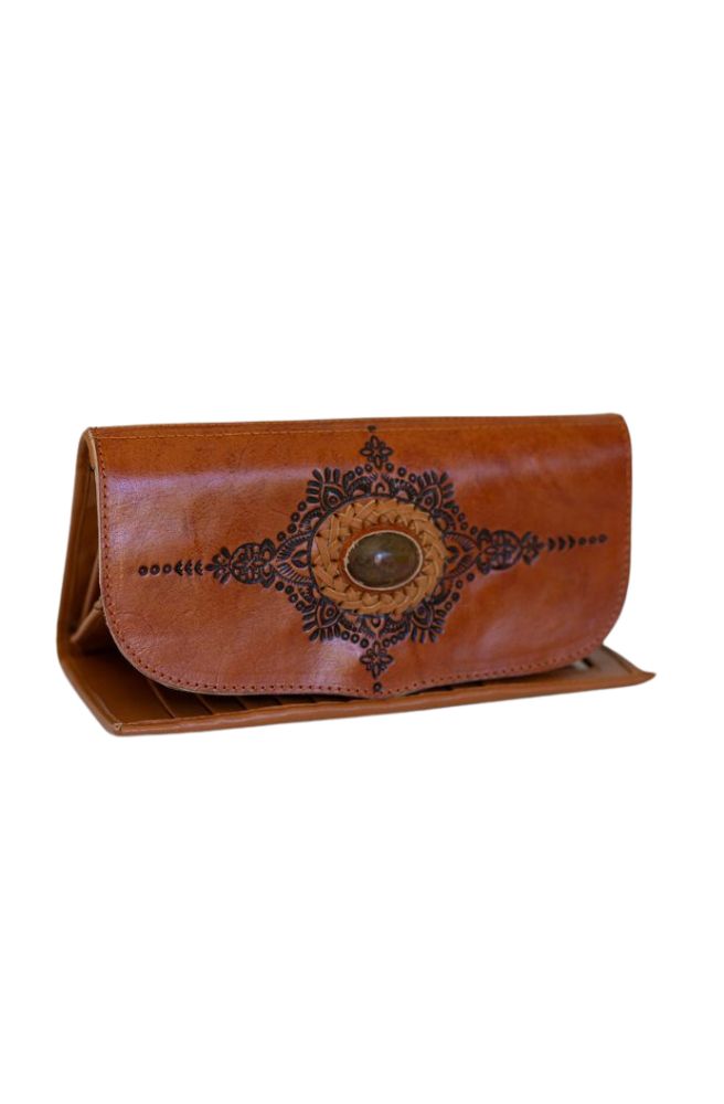 saffron wallet bohemian hand carved leather stone inlay