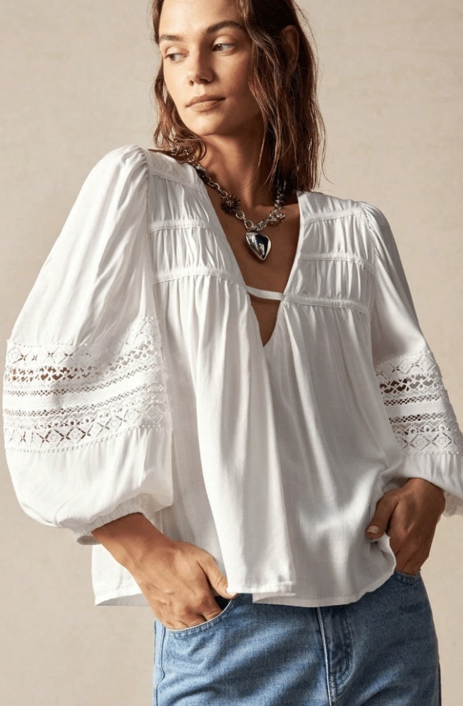 White Terra Bloom Blouse, Womens Boho Style Top with Balloon Sleeves and lace detailing