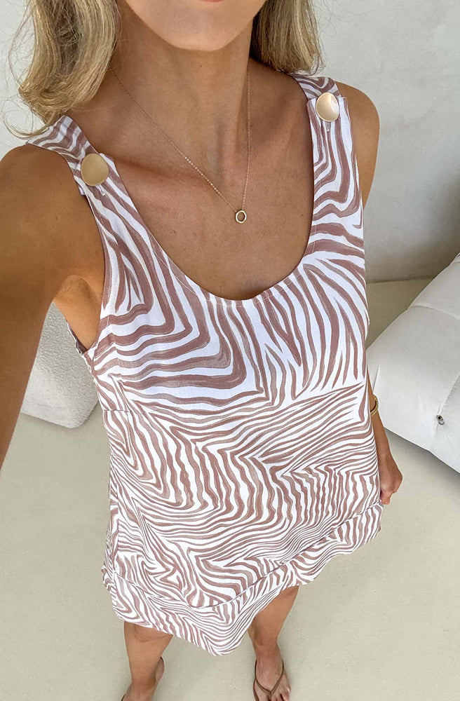 Zahara Print Huxley Dress, Detail of Neckline and Straps with Button Clasp