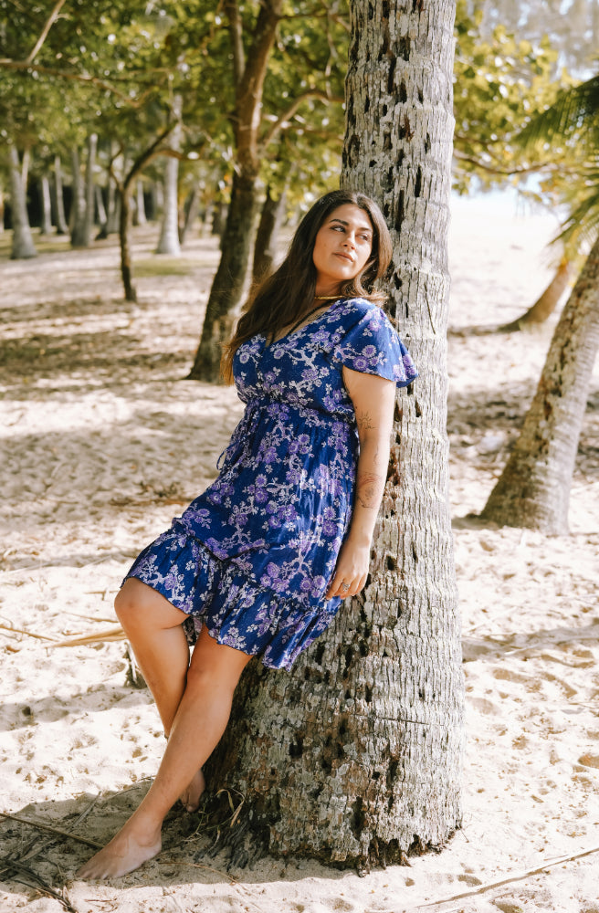 Zen Blossom Mini Dress, Royal Blue Floral Summer Beach Dress