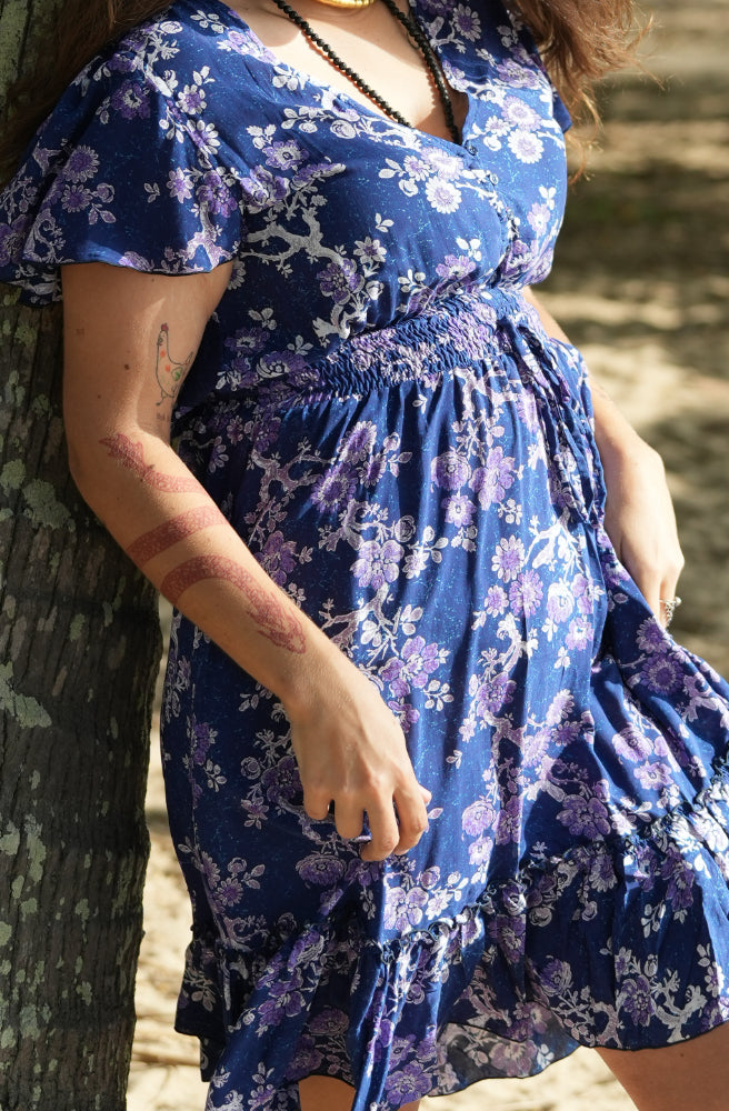 Zen Blossom Mini Dress, Detail of Royal Blue White Purple Floral Print
