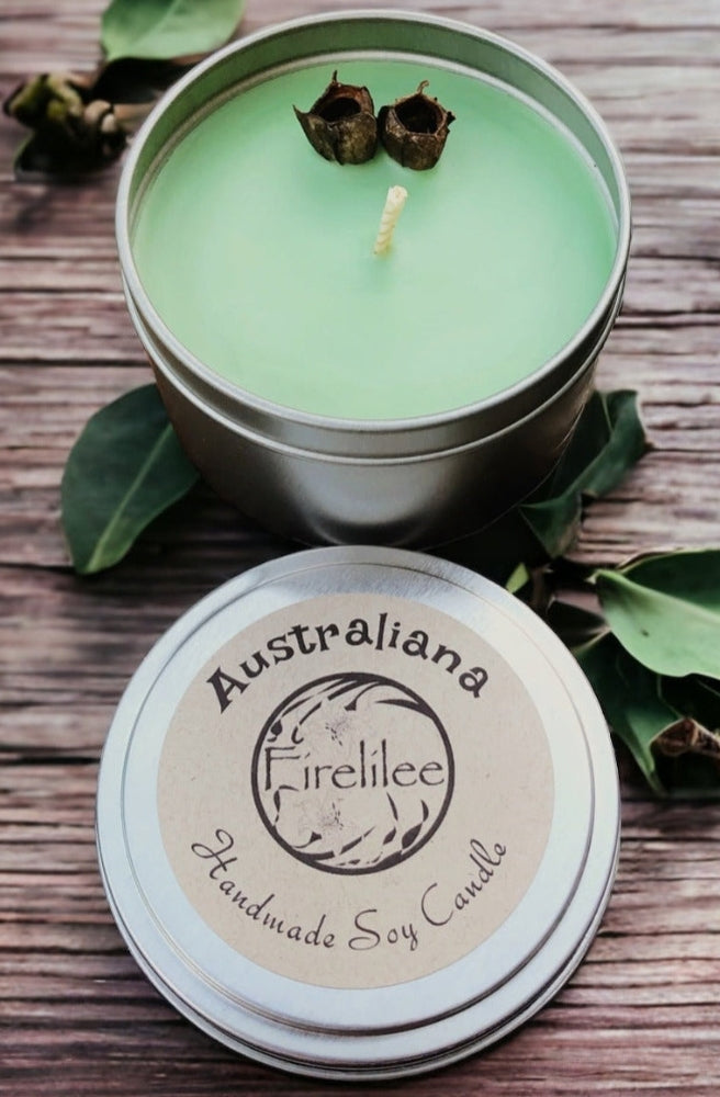 Handmade Australiana soy candle with eucalyptus, lemon myrtle and earthy Australian bush fragrance
