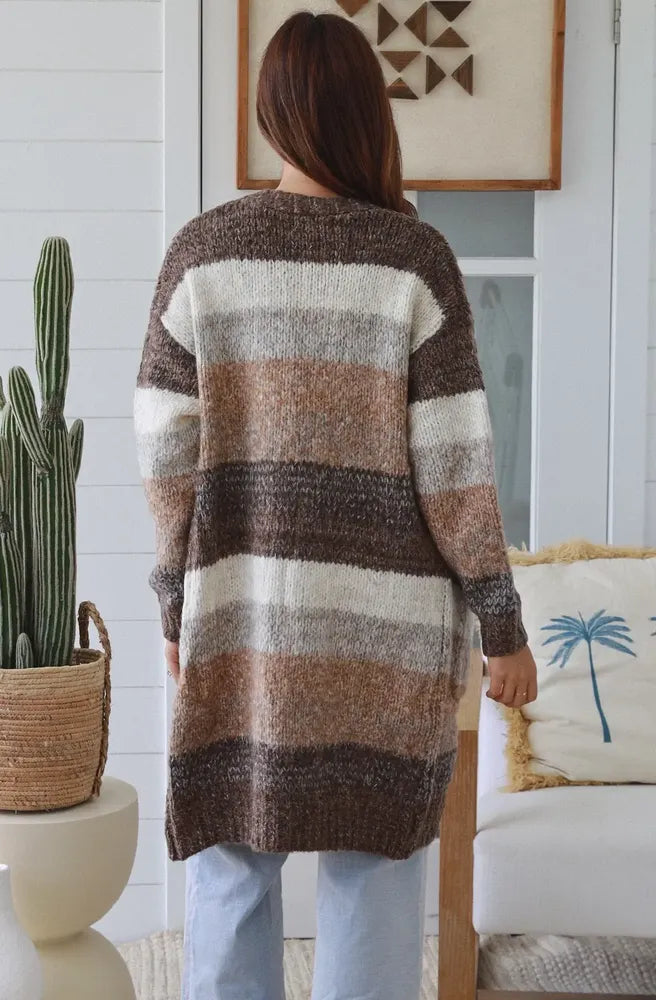 Autumn Drift Cardigan back view earthy stripe relaxed knit cardigan