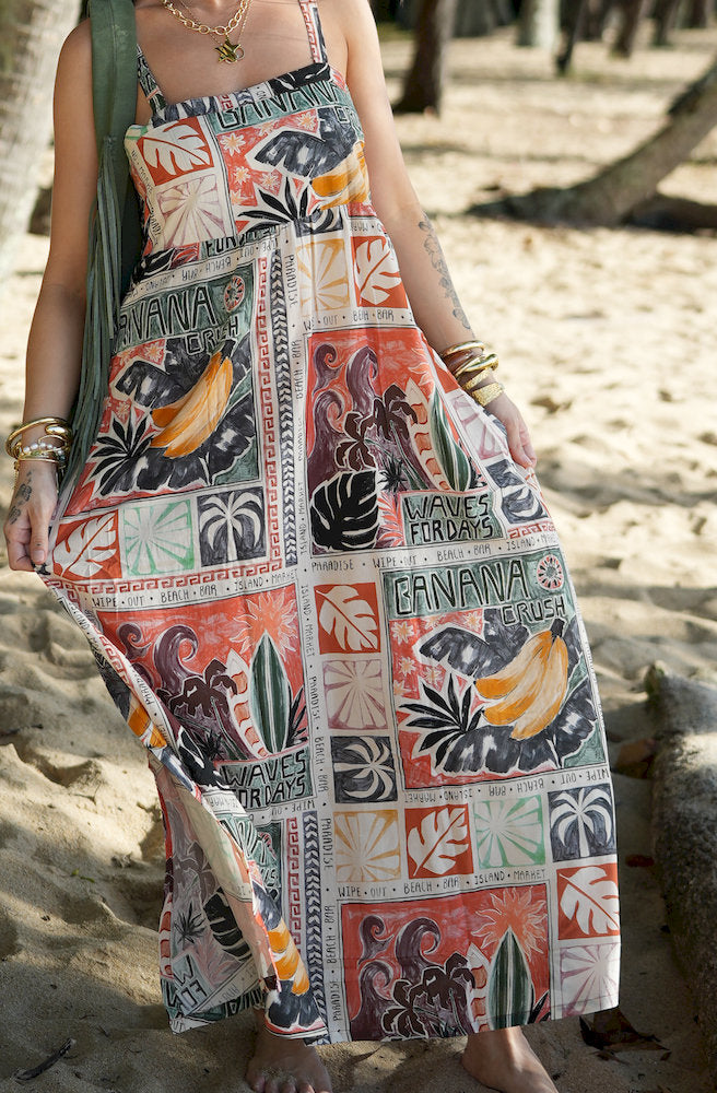 Women's Bananarama Margarita Dress with adjustable straps, tropical print and side split maxi silhouette