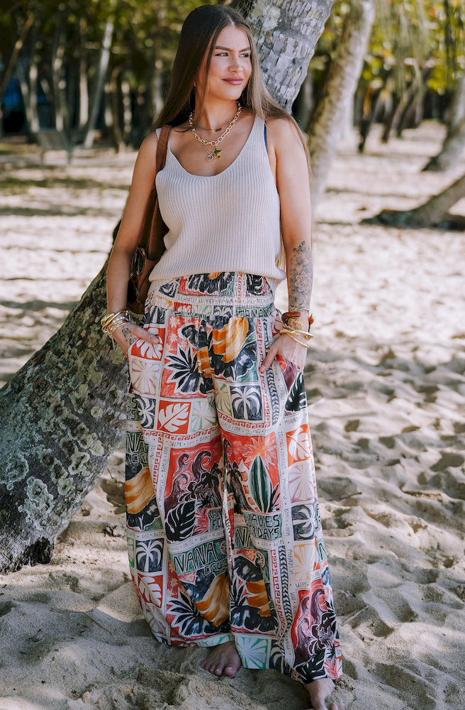 Women's Bananarama Queen Pants in a colourful tropical print with wide-leg silhouette and functional side pockets