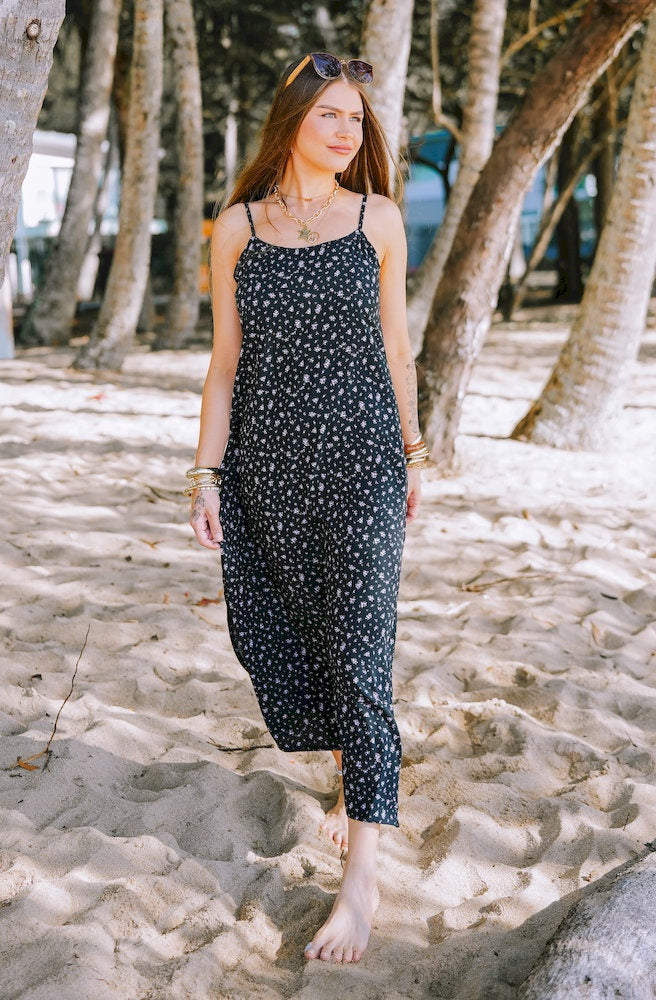 Women's Bitsa Dune Dress featuring a lightweight floral maxi dress with side splits and adjustable tie-back