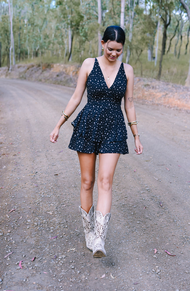 Women's Bitsa Free Spirit Playsuit in super rayon styled with western boots