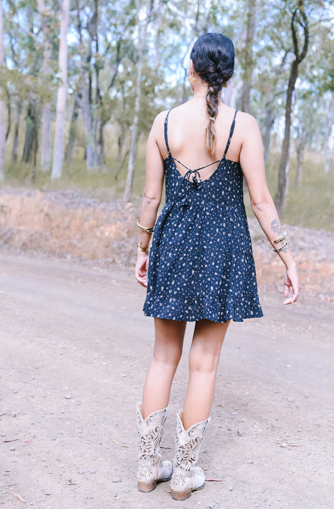 Women's Bitsa Mixie Mini Dress in super rayon styled with western boots