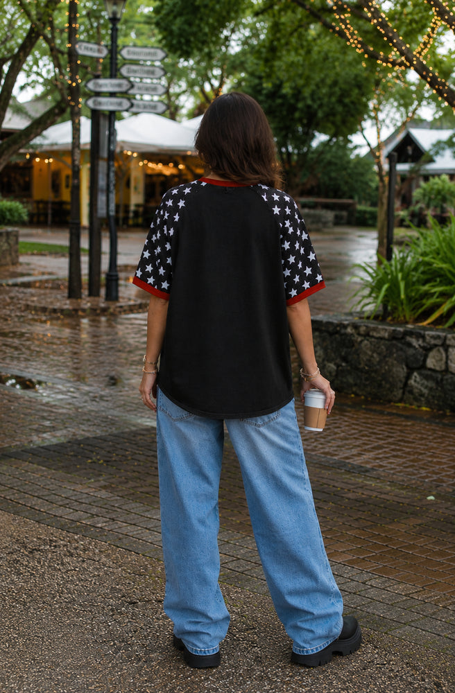 Oversized black graphic tee with vintage Americana design