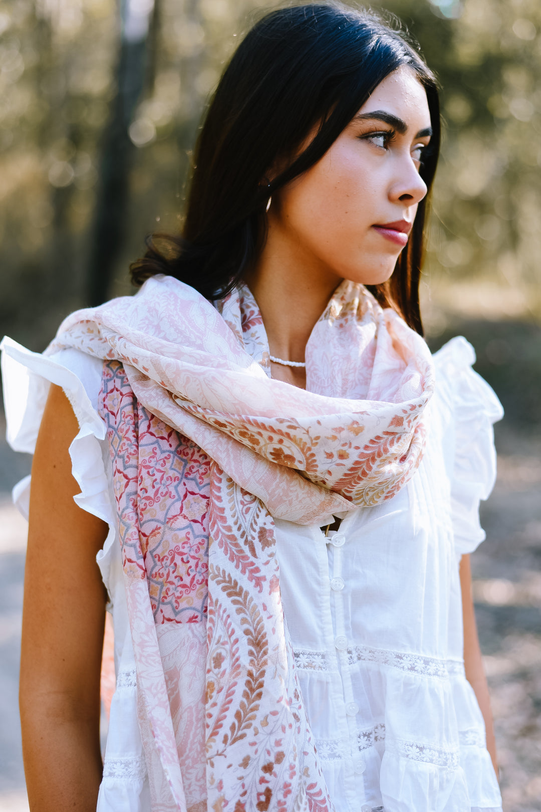 Blush Paisley Scarf featuring delicate paisley and ornamental prints in pink and earthy tones.