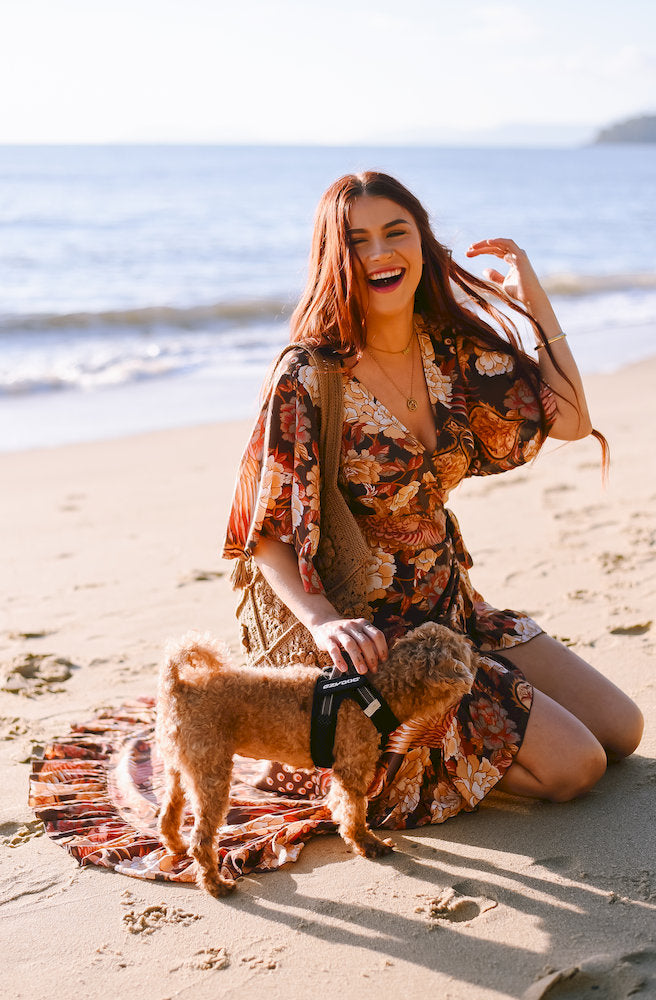 Boheme Plume Combi Wrap Dress in a rich earthy floral print with V neckline, flutter sleeves, adjustable wrap waist and flowing ruffle hem.