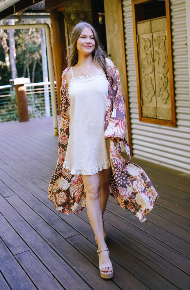 Boheme Plume Kimono floral rayon kimono with flowing silhouette and boho print detail