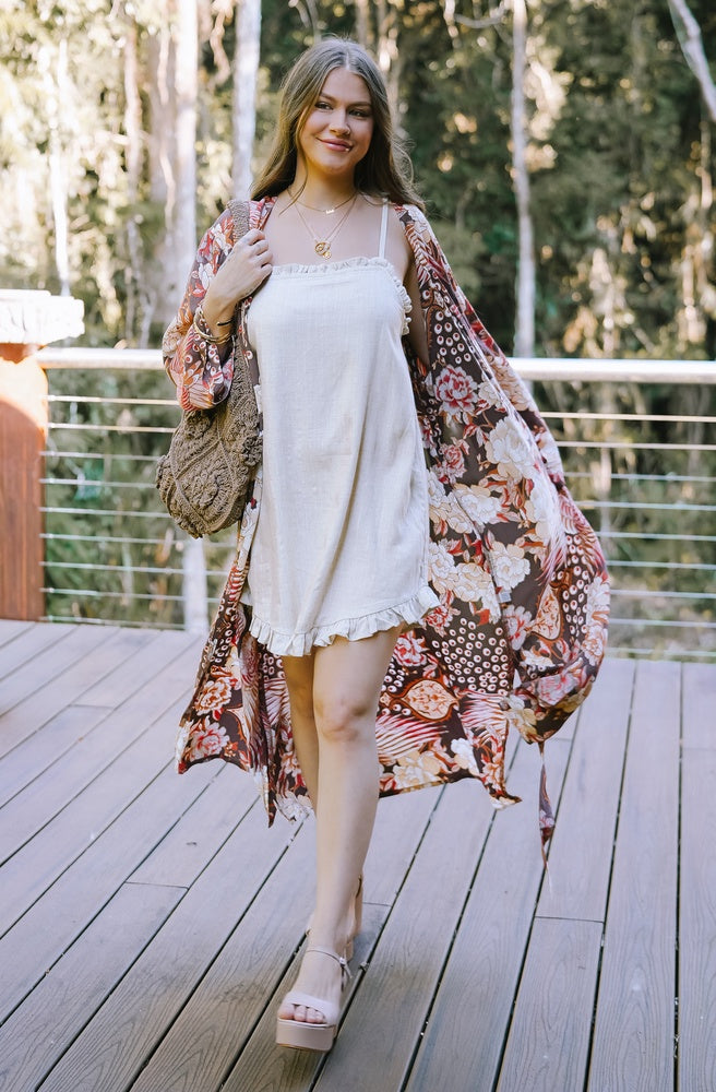 Boheme Plume Kimono longline floral kimono in earthy tones with relaxed drape and lightweight feel