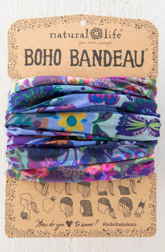 oho Bandeau Border Folk Garden floral stretch headband in purple and teal