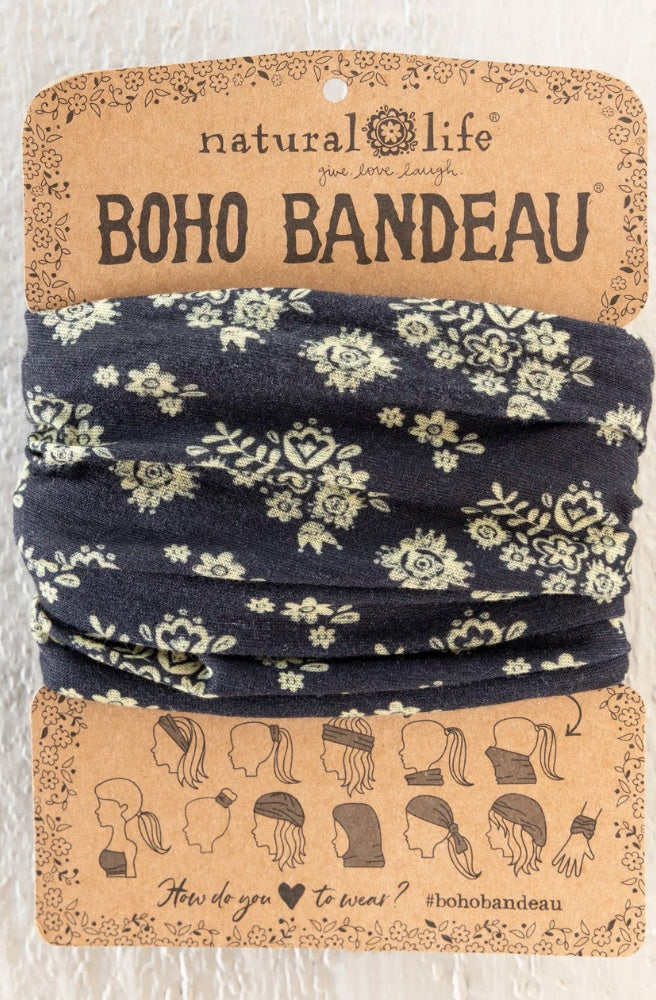 Boho Bandeau Folk Cluster Medallions Black floral stretch headband