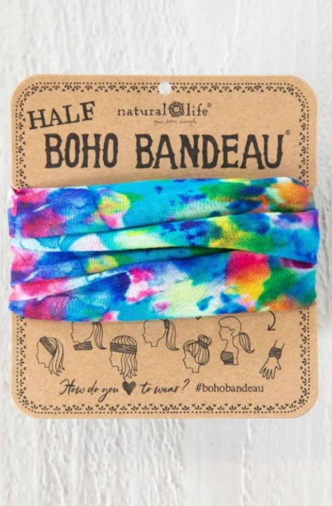 Boho Bandeau Half Blue Rainbow Tie Dye colourful stretch headband with vibrant tie-dye print