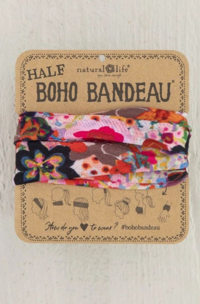 Boho Bandeau Half Meadow Light Pink floral stretch headband with colourful meadow print