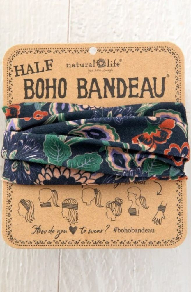 Boho Bandeau Half Navy Tan Dahlias floral stretch headband with navy and earthy botanical print
