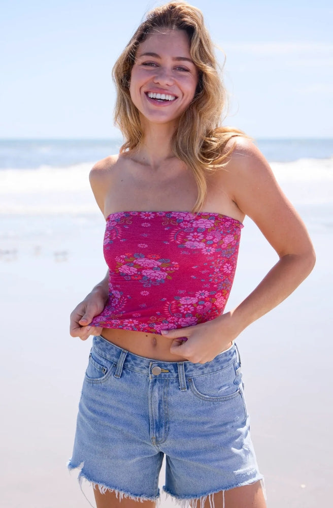 Boho Bandeau Merlot Floral Bandana versatile boho hair accessory in rich pink floral print